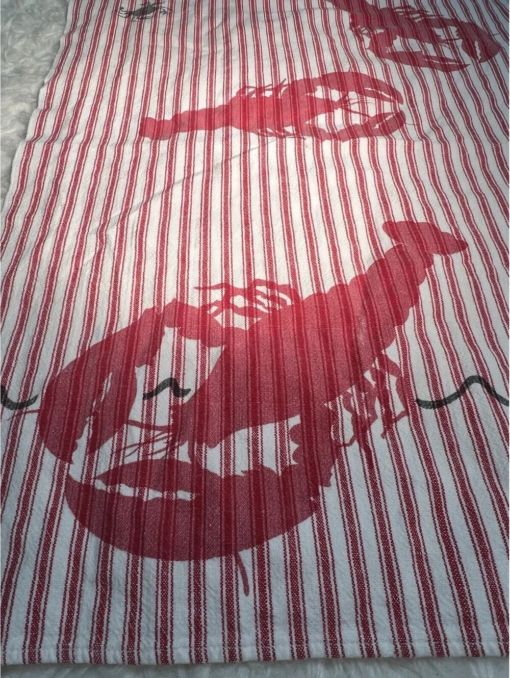 Vintage Martex Lobster Print Tea Towel, Red & White Striped